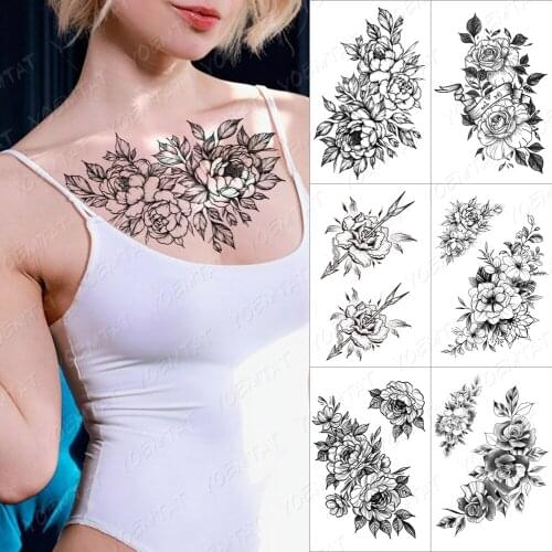 Lines Roses Snake Flowers Temporary Tattoo Sticker For Men Women Adult Peony Waterproof Fake Henna Body Art Tattoo Decal