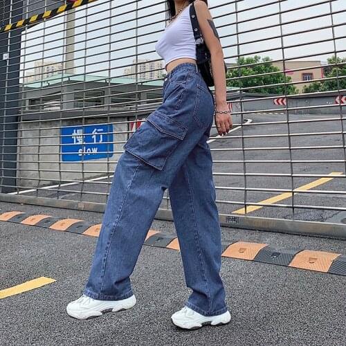 Casual Jeans Women High Waist Baggy Straight Big Pocket Harajuku Style Loose Vintage Blue Denim Trousers Streetwear Long Pants