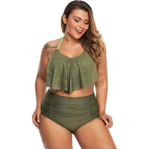 Plus Size Women Halter Lace-up Split Type Swimwear Flounced Laminated Design Bikini Bathing Suit Women High Waist Thong Bikini