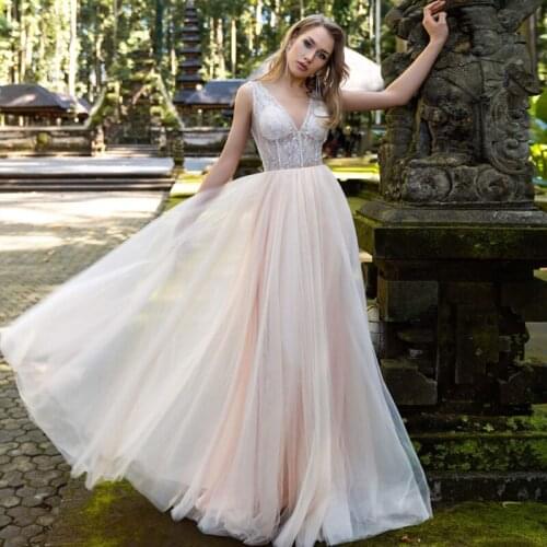 Modest Sheer V Neck A Line Wedding Dress 2021 Sequin Tulle Floor Length Bridal Dress Vestido De Noiva