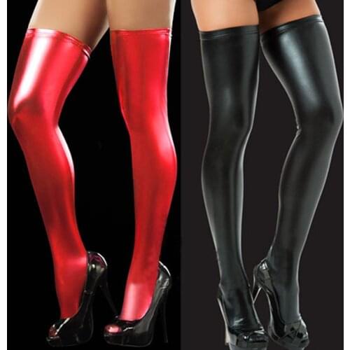 Womens Sexy Lingerie Latex Knee High Socks Black Silk Stockings Patent Leather Anti-skid Light Leather Gaotong Socks