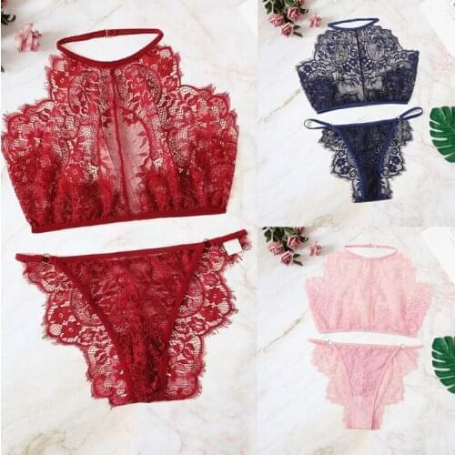 2020 Sexy New Bra Set Transparent Womens Underwear Open Back Mesh Underclothes Sexy Lace Three-Point Suit Bra Set