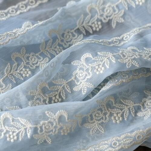 Light Blue Chiffon Fabric Rose Embroidered Fabric Hanfu Cheongsam Clothing Fabric Accessories Light and Soft Tulle fabric