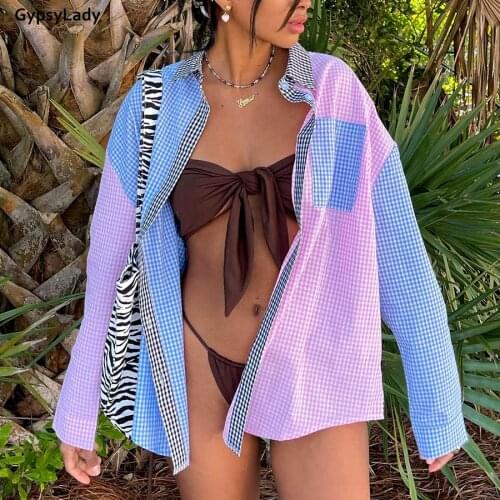 GypsyLady Vintage Chic Plaid Shirt Blouse Y2K Patchwork Women Shirts Blouse Long Female Ladies Autumn Casual Holiday Shirt Top