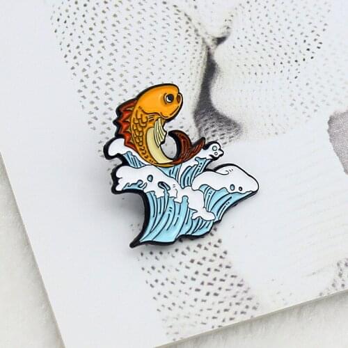 The Waves Rolled Up The Yellow Koi Cartoon Creative Oil Dripping Exquisite Enamel Brooch The Happy Swimming Koi Pin In The Ocean