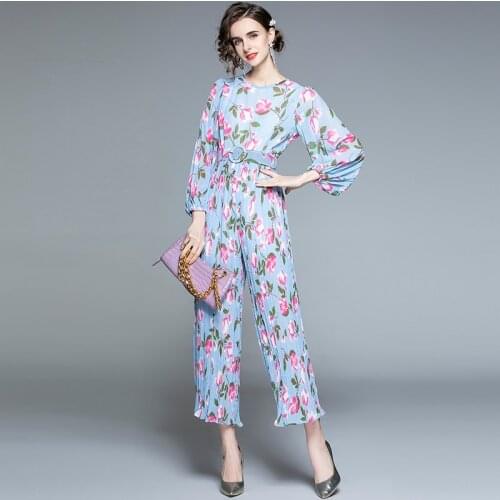 ZUOMAN Women Spring Elegant Floral Jumpsuit High Quality Wedding Party Jumpsuits & Rompers Vintage Pleated Designer Playsuits