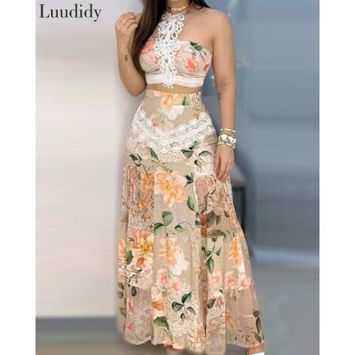 Floral Lace Hem Top & Maxi Skirt Sets Two Piece Outfits Sexy Sets Ladies Wear