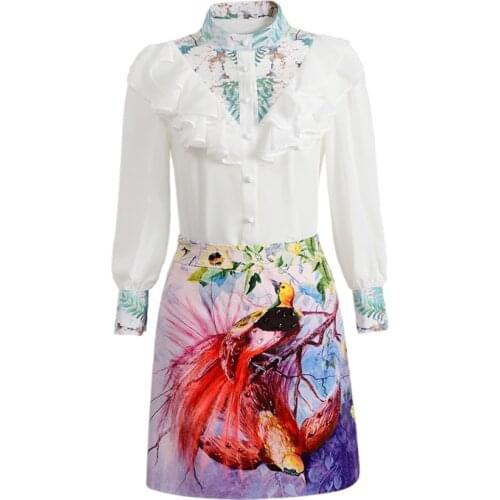 Womens Autumn Skirt Set Ruffles White Shirts + Floral Print Birds Shorts Skirts Ladies Two Pieces Dress Suits Elegant Outfits