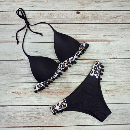 2021 Bikini Ladies Swimwear Tassel Solid Leopard Print Stitching Push-up Swimsuit Plus Size XL Swimsuit Summer Party New