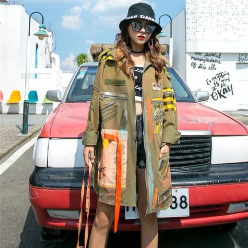 2021 Spring and Autumn Graffiti Army Green Trench Coat Women Retro Windbreaker Street Style Casual Loose