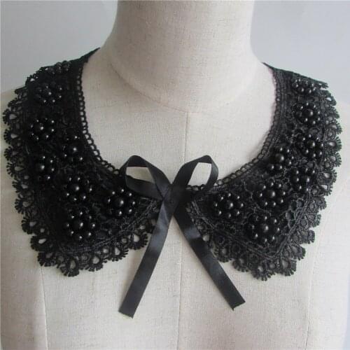 1 Pcs Black Pearls Beaded Fake Lace Collar Delicate Floral Lace Neckline with Ribbon For Wedding Bridal Dress Sweater