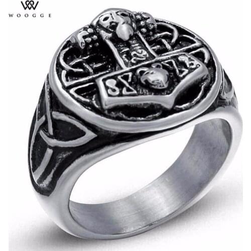 2018 Fashion Jewelry Gothic Thors Hammer Viking Ring Bagues Anillos Vikingos Acero Scandinavian Stainless Steel Rings For Men