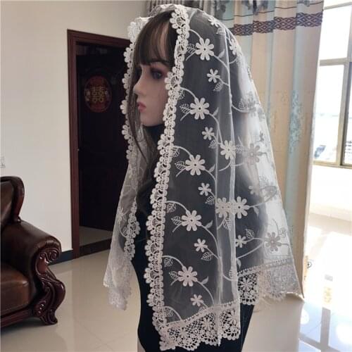 White Mantilla Lace Catholic Veil for Chapel Church 3D Floral Head Covering Elegant Ladies Scarf Latin Mass Vela Voile Dentelle
