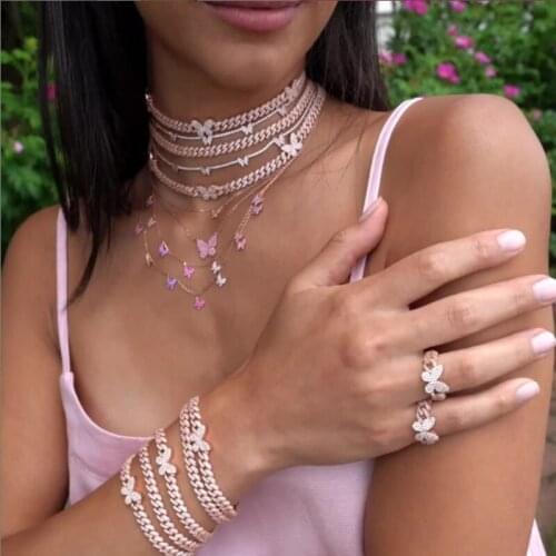 Bling Cubic Zirconia Butterfly women jewelry cuban link chain 3pc butterfly charm iced out cuban chain choker necklace jewelry