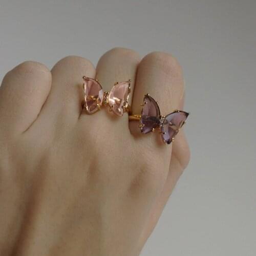 Bohemia Rings Simple Crystal Butterfly Gold Finger Jewelry for Women Multi Layer Opening Knuckle Rings Elegant Pink Purple Anel