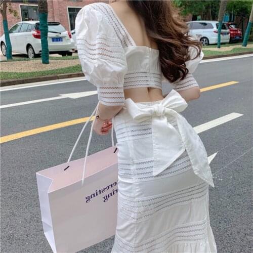 Women Hollow Out Square Neckline Sexy Backless Crop Top Bodice+Bow Lace Up High Waist Stripe Empire Ruffles Hem Long Skirt Set