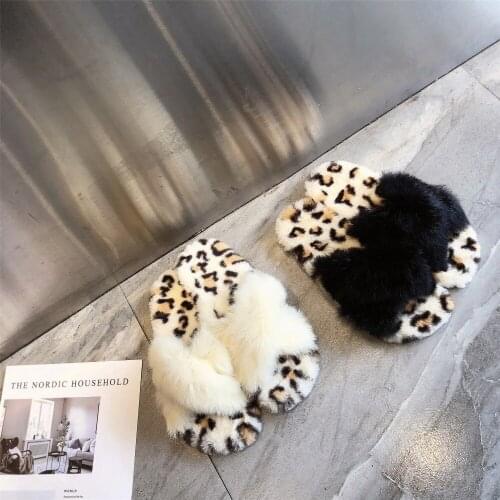 Korean version of the new trend leopard pattern with rabbit fur soft bottom flat slippers fashion flat womens shoes