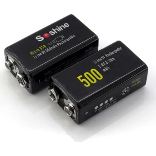 Soshine 9V 500mAh Li-ion Protected Battery with Built-In Micro USB Port 2 Ways to Charge