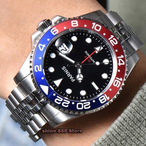 40mm PARNIS Sapphire Crystal GMT Automatic machinery movement Luminous watches Waterproof Calendar Clock Wristwatch Men