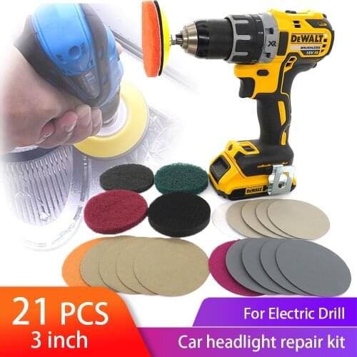 3inch Car Headlights DIY Polishing Kit Taillights Fog Lights Polishing Headlight Restoration set for Electric Drill,total 21pcs