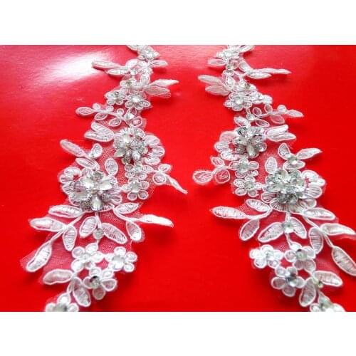 Hand made crystal sequins patches 28*9cm sew on Rhinestones Ivory lace applique for dress DIY accessories