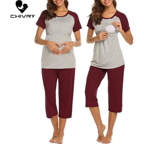 New Pregnant Women Pajamas Set Maternity Short Sleeve Nursing Breastfeeding T-shirt Tops with Cropped Pants Pajamas Set Suit