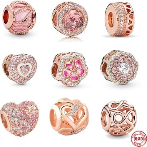 NEW rose gold flower pink pave heart openwork diy bead fit Original Pandora charms silver 925 Bracelet trinket jewelry for women