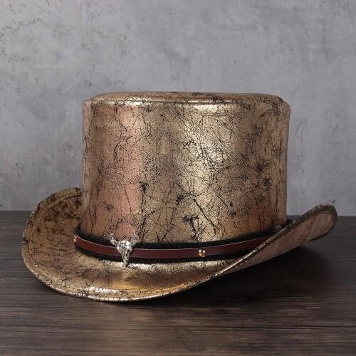 New 2021 Leather Top Hat for Women Men Fedora Hat Magic Flat Steampunk Cosplay Pork Pie Party Caps Dropshiping 13cm