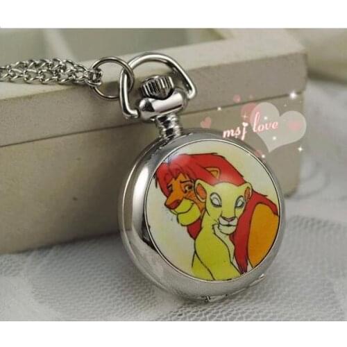 Wholesale Retro lion king animated Enamel Quartz watches Sweater chain Lovely pendant Necklace pocket watch 10pcs