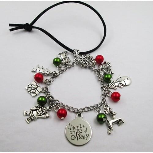 Naughty or nice christmas theme leather stainless steel chain rearview mirror christmas tree decoration
