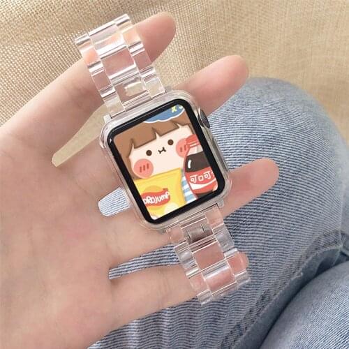 Resin Strap + Case for Apple Watch Band 6 5 4 3 2 1 SE Transparent S 44mm 40mm 42mm 38mm Metal Buckle Bracelet for iWatch Bands