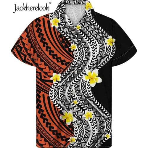 Jackherelook Short Sleeve Shirts Vintage Polynesian Tribal Hibiscus Floral Print Loose Hawaiian Shirt Button Down Tops Clothing