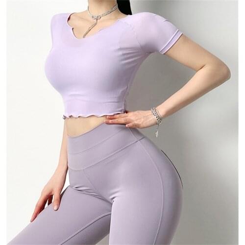 Sexy Cropped Yoga Top Short Sleeve Fitness T Shirt Women Breathable Running Training Sport T-shirt Gym Soft Thin Fitness Tops
