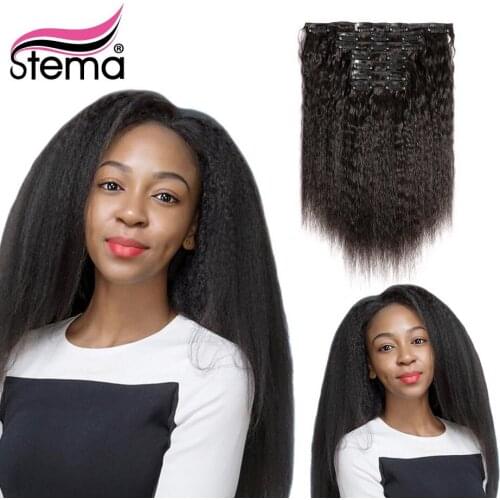 Stema Brazilian Kinky Straight Hair Clips In Hair Extensions 7PCS 18CLIPS 120g/set Natural Color 100% Remy Human Hair For Women