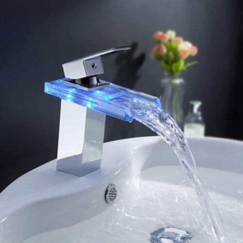 LED Light Glass Waterfall Basin Faucet for Bathroom.Torneira Led.Chrome Finished Colorful Deck Mounted Sink Mixer Tap