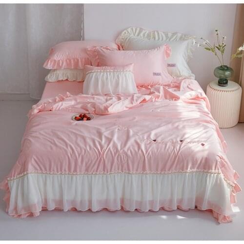 Embroidery Pink Cute Washed Silk Seersucker Summer Air Conditioner Quilt Blankets Bedspread Lace Comforter Sheet Pillowcase