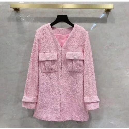 European and American womens wear 2020 winter new style Long-sleeved V-neck fashionable pink tweed coat