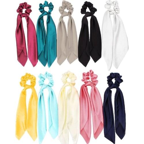 10 Solid Colors Silk Satin Hair Scrunchies Hair Scarf with Bow Silk Elastic Hair Bands Hair Bobbles for Ponytail Holder