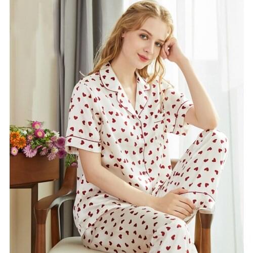 100% mulberry silk pajamas Women two-piece home suit Silk sleepwear long sleeve printed autumn and winter