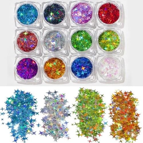 12 Colors 12 boxes 2-4mm size Nail Glitter four-Star laser flash sequins size of the four corners of the stars mix nail sequins