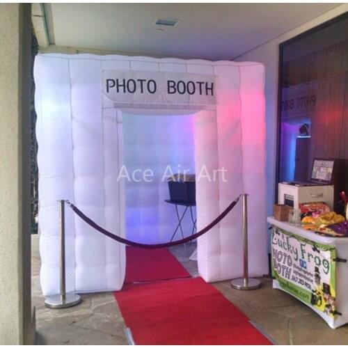 2.4m glowing cube white inflatable photo booth,led inflated cabinet with text logo and 2 doors for sale