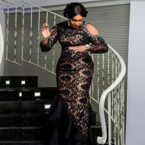 Plus Size Black Mermaid Evening Dresses Beaded Crystals Long Sleeve Appliques Evening Gown Ruffles Illusion Formal Dress