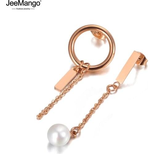 JeeMango Trendy Stainless Steel Simulated Pearl Asymmetry Dangle Earrings Bohemia Chain Link Drop Earrings For Women JE20058