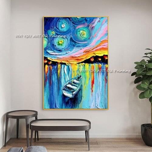 The Trend Night Ship View Handmade New Large Canvas Handpainted Textured Wall Art Best Gift Abstract Modern Thick Oil Painting
