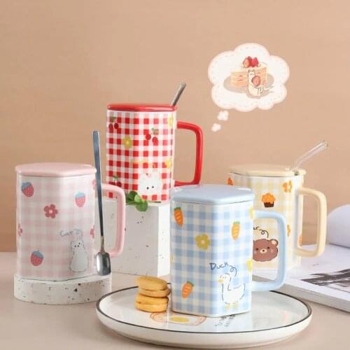 400ml Cartoons Rabbit Coffee Mug Spoon With Lid Cute Animal Girl Gift Office Decorations Couple Milk Hexagonal Cup