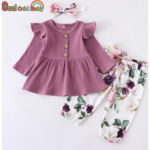3Pcs Newborn Baby Girl Clothes Set Cute Ruffle Purple Long Sleeve Top Flower Pants Headband Infant Toddler Girls Clothing Outfit