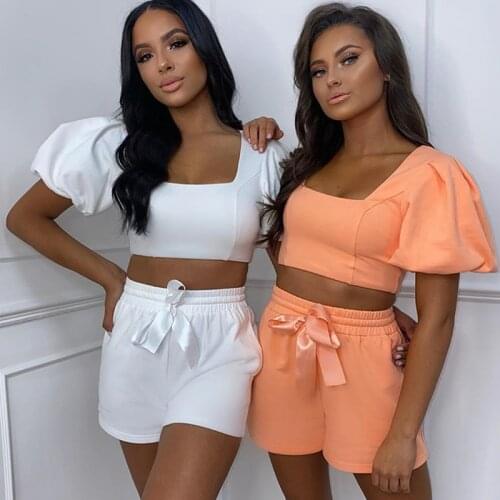 Summer womens sportswear suit short puff sleeve crop top shorts yoga fitness jogging sports suit two-piece