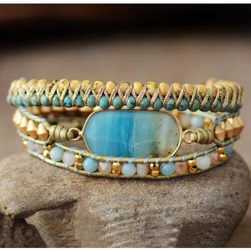 Boho Beads Leather Wrap Bracelets W/ Natural Stones 3 Strands Bangle Bracelet Fashion Jewelry Bijoux Dropshipping