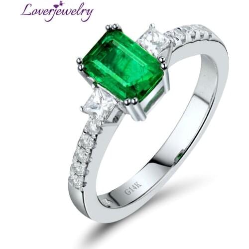 LOVERJEWELRY Real 14K White Gold Natural Emerald Ring Good Quality Diamond Wedding Jewelry for Engagement Gift WU269