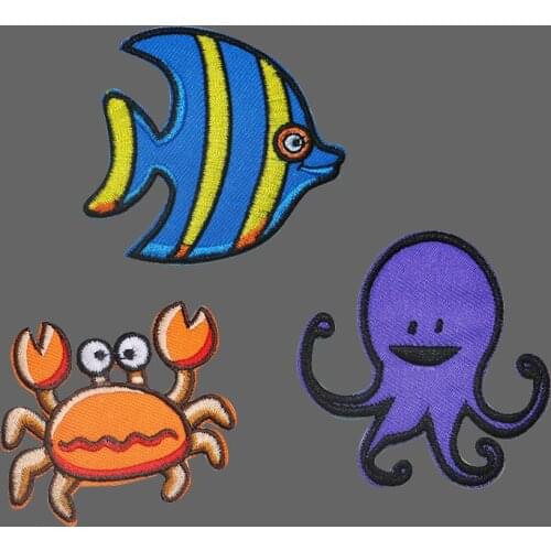 Summer Undersea World Cartoon octopus Patch Animal Ocean Crab Sewing Applique Fish Embroidery Iron On For Clothes Jeans Kids